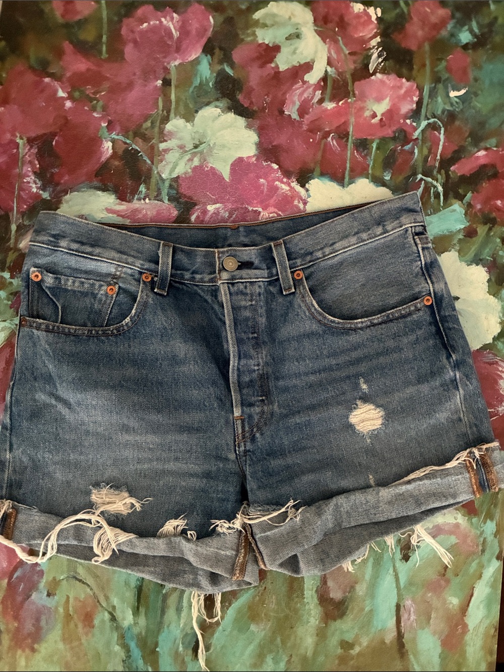 Levi's 501 Distressed Blue Denim Rolled-Hem Shorts